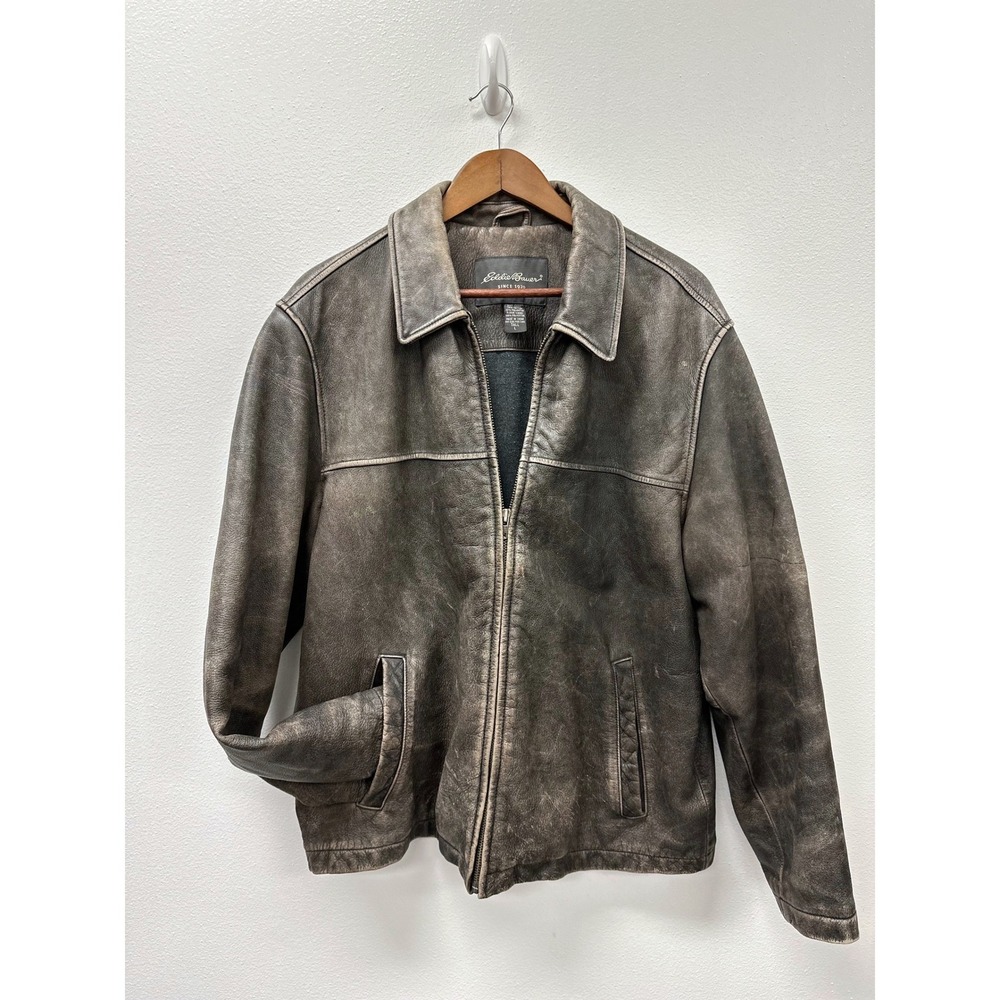 Vintage Eddie Bauer 90s Distressed Weathered Leather Jacket Brown LT